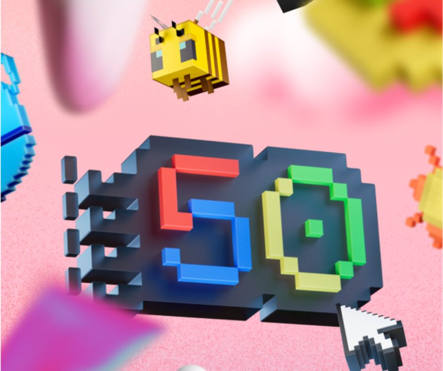 illustrated pixel art with 50 for Microsoft’s birthday