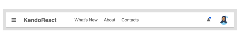KendoReact AppBar Overview as a sample header with a title, a search textbox, and a few icons as action buttons