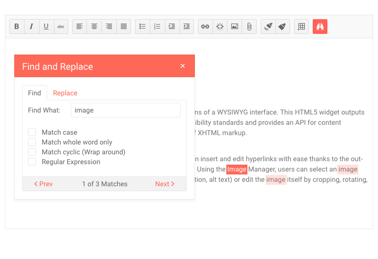 KendoReact Editor with its new Find and Replace Tool