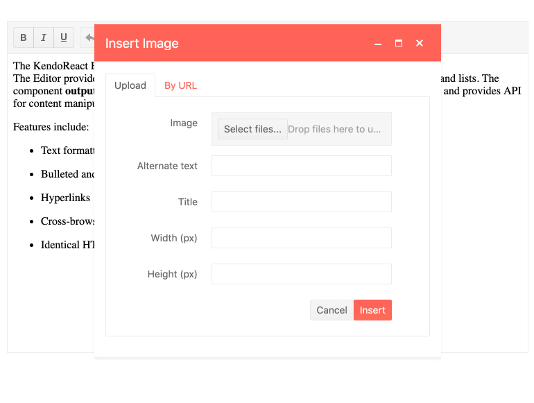 KendoReact Editor with its updated Insert Image Dialog