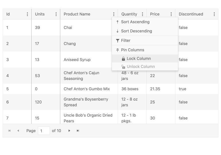 KendoReact Grid with Column pinning through column menu