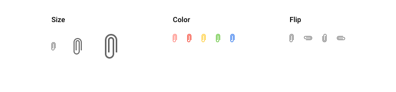 Kendo UI for Angular Icon Component showcasing a font icon of a paper clip in various sizes, colors, and orientation