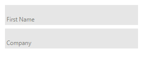 Two form fields show First Name and Company. When the first box is selected, 'First Name' slides up so there's room to type, and the user enters 'John'. When the next field is selected, 'Company' slides up so there's room to type, and the user enters 'Progress'.