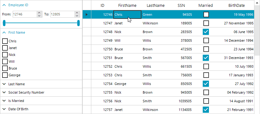 filter-view filter-view - With filtering checkboxes for first name, user clicks Chris and then Janet. The results first filter for only Chris and then for both names.