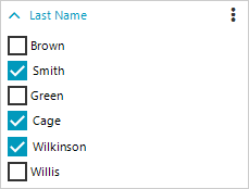 text-category text-category - Of six checkbox filters for last names, three are selected