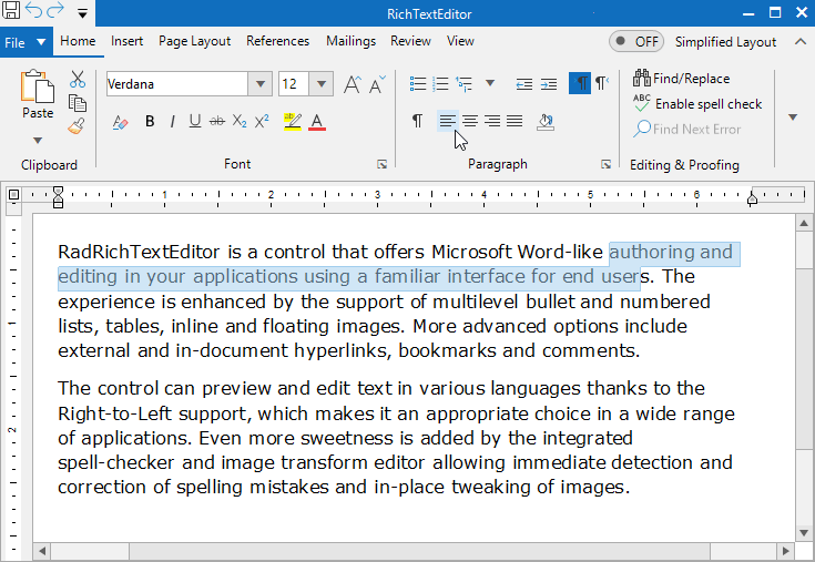 RadRichTextEditor in Office2019Light RadRichTextEditor show a word processor with a white background and black type. Highlighted type is in a light blue.