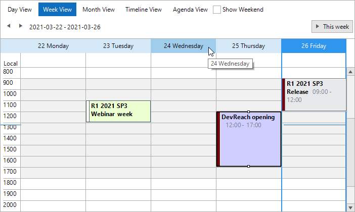 RadScheduler in Office2019Light RadScheduler show a calendar in which the workday hours have a very light warm gray background while off hours are white. The borders are a medium gray. Today is highlighted with a bright blue border. The date row is otherwise light blue, and the hover is a darker shade of light blue. One event has a pale yellow background. Two other events have a dark red left edge; one of those has a lavender backdrop.