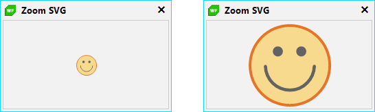 Zoom SVG The first set of a small and large smiley face is in SVG. The SVG smiley is still clear once zoomed in because it's a vector image.