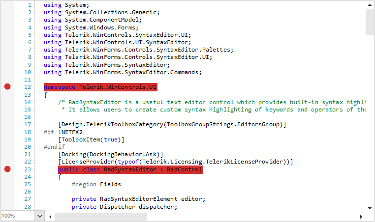breakpoint In a block of code, lines 12 and 23 are highlighted in red and have a red dot in the left margin to indicate breakpoint.