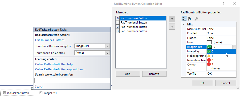 RadTaskbarButton Action bar tasks can set icons and actions