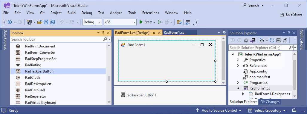 adding radtaskbarbutton from toolbox
