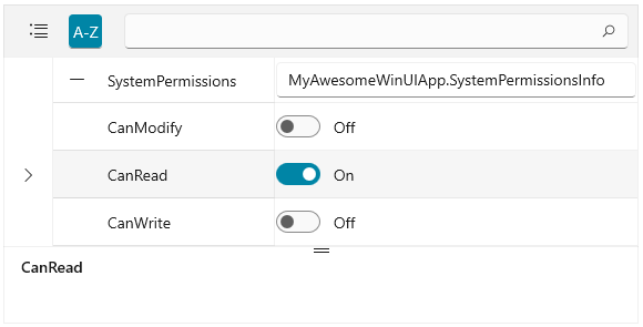 PropertyGrid Custom Editor Template Expanded nested SystemPermissions nows shows properties for CanModify, CanRead, CanWrite with a toggle switch