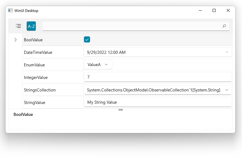 PropertyGrid Getting Started PropertyGrid Getting Started - WinUI desktop spp wotj search bar and properties for item including BoolValue, DateTimeValue, EnumValue, IntegerValue, StringsCollection, StringValue