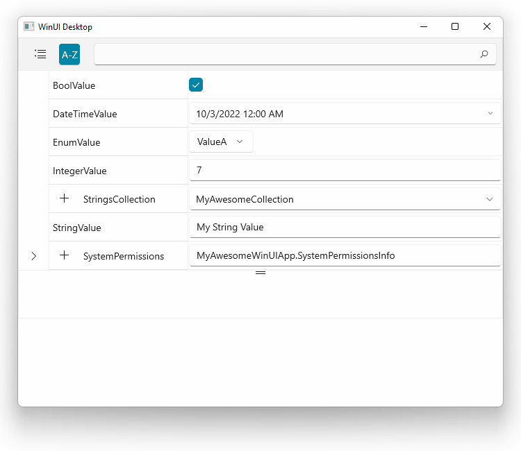 PropertyGrid Nested Properties Expanding nested SystemPermissions shows properties for CanModify, CanRead, CanWrite each with a checkbox