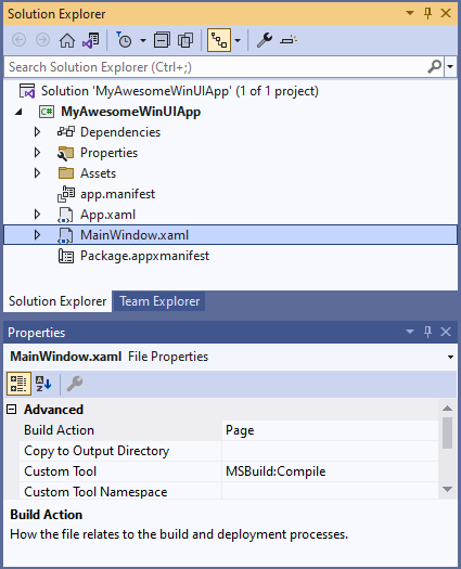 Visual Studio Properties Visual Studio Properties - solution explorer window with MainWindow.xaml selected, and Advanced properties display.