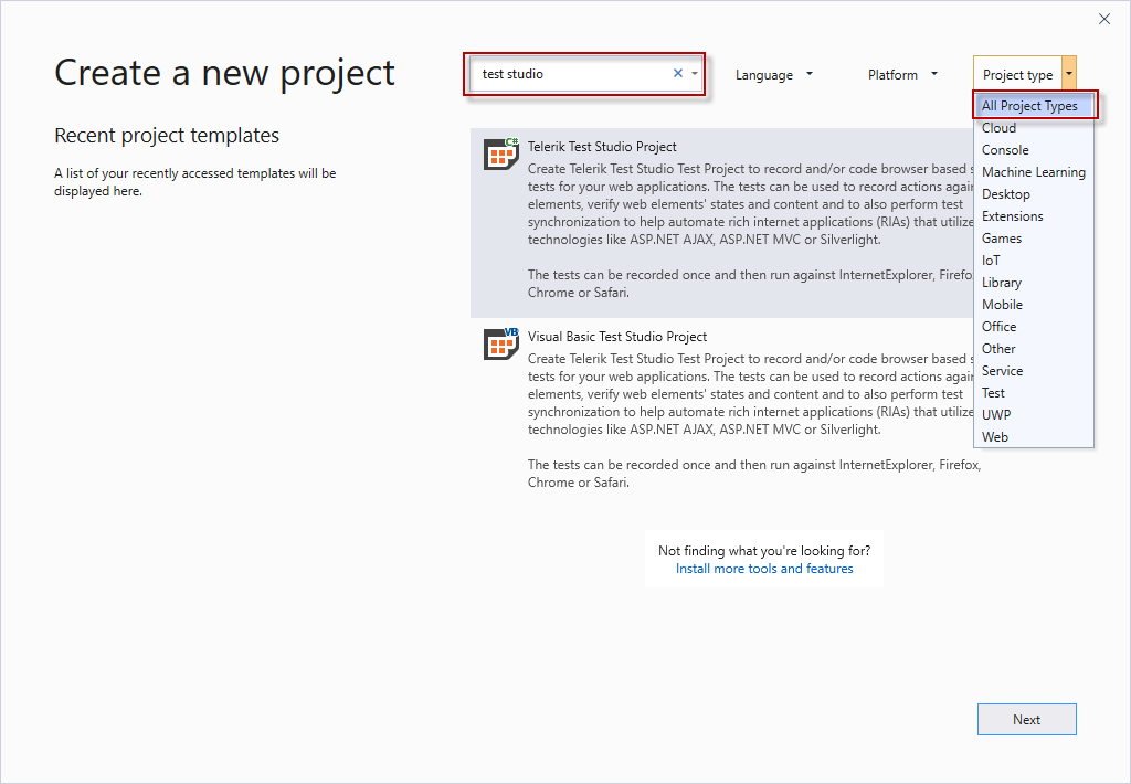 Choose type of TS Dev project VS 2019