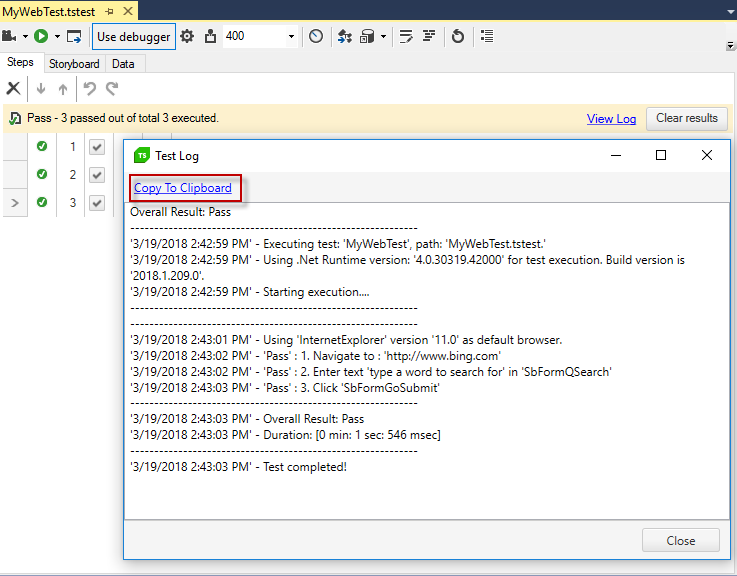 Quick Execute Test Execution Log Copy