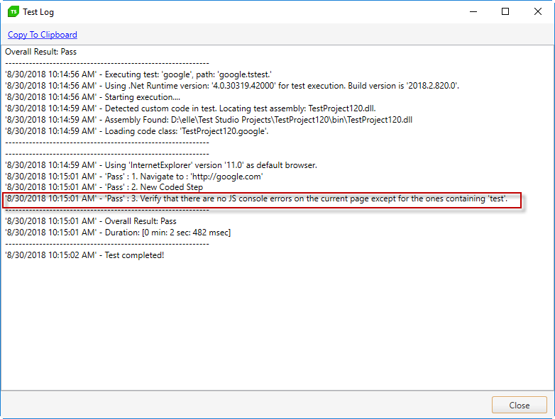 Exexution Log of Excluded Errors Step Passed