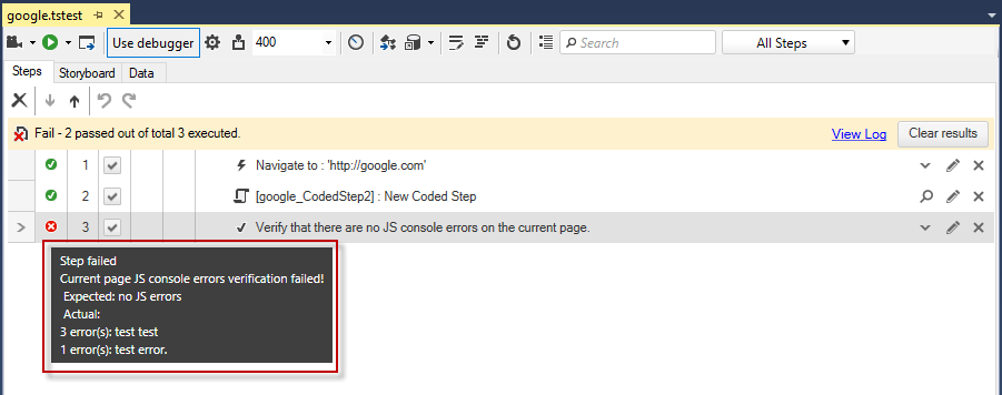 Failed JSErrors Step Details