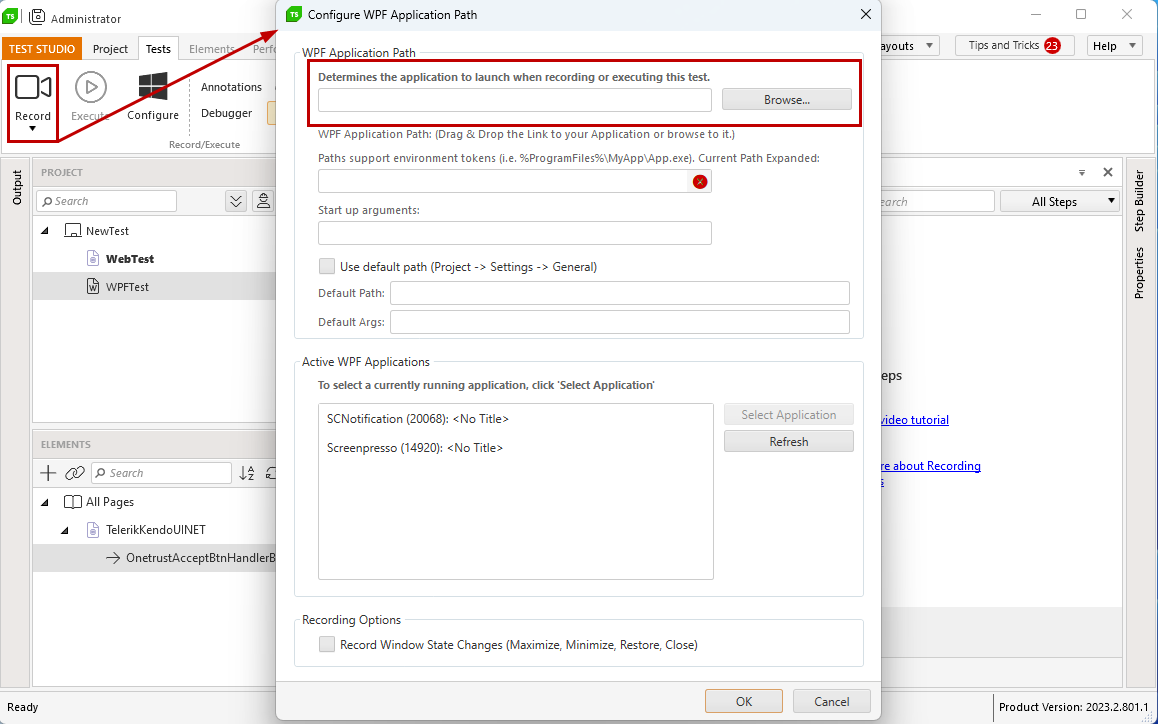 Configure WPF Test button
