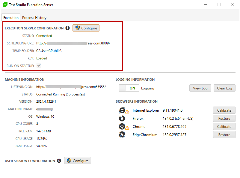 Execution server configuration