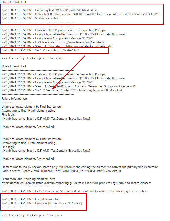 Execution log for failed test as step