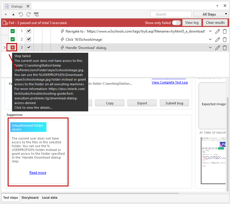 Failure details for upload or download dialog not handled