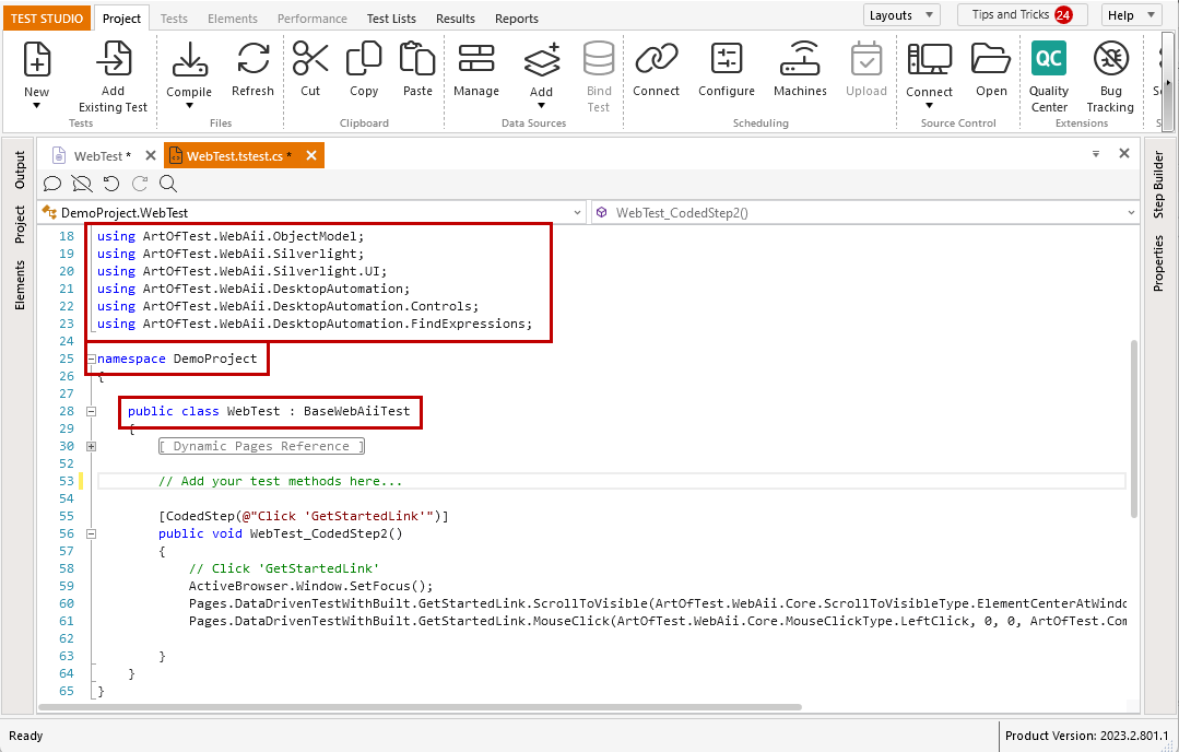 Usings, namespace, base test