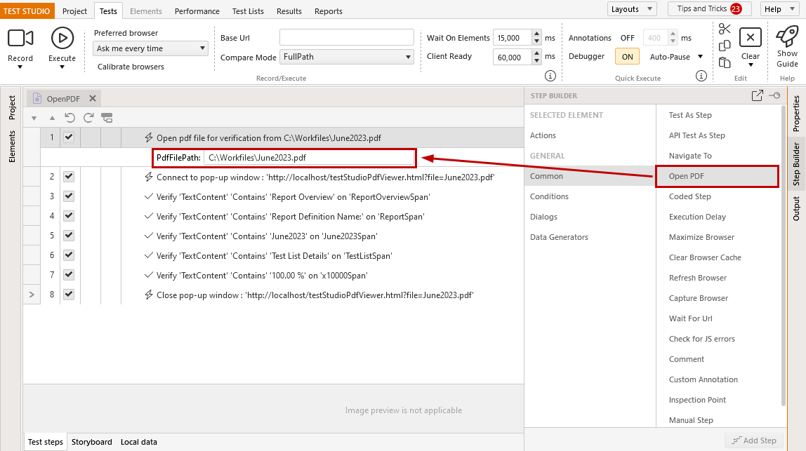 Add Open pdf step in test from step builder