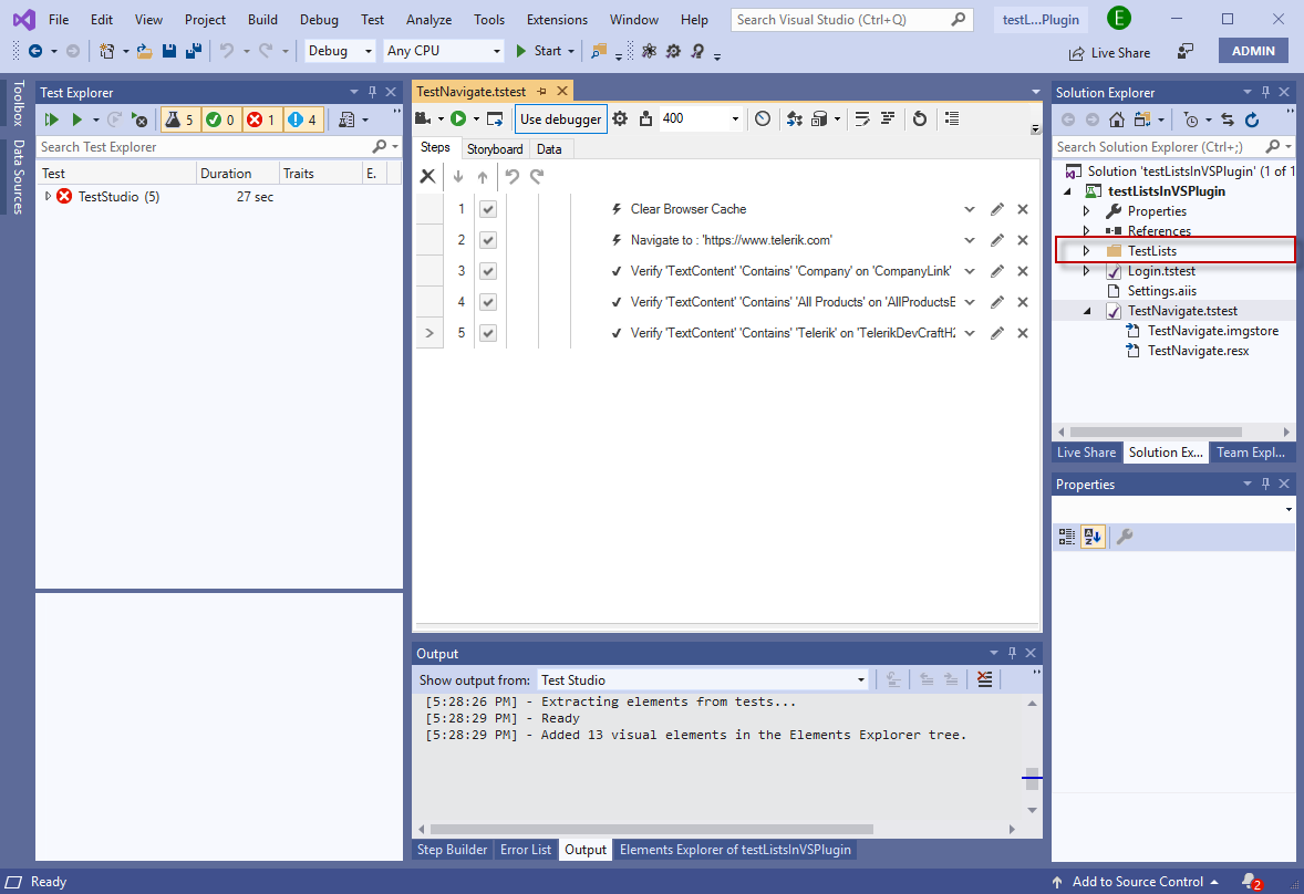 TestLists folder in Solution explorer
