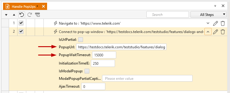 Timoeouts for Connect/Close popup steps