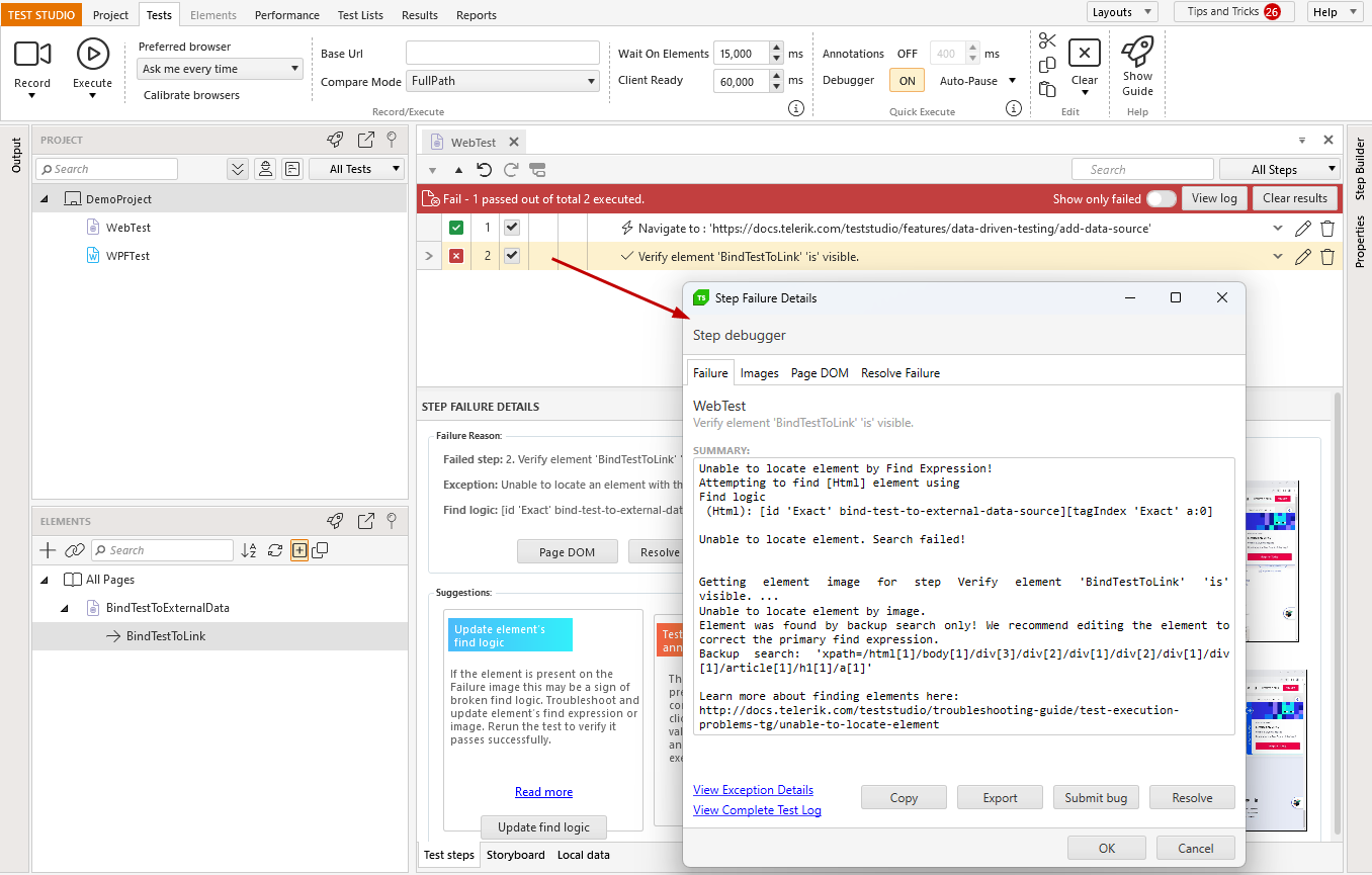 Click the red cross to open the failure details dialog