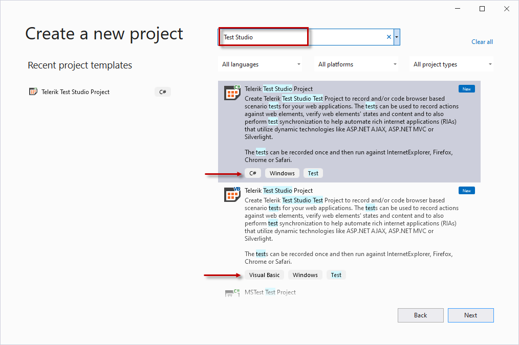 Choose Project template