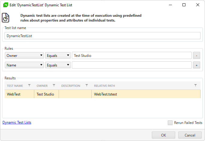 Define Rules which tests to be included in the dynamic list