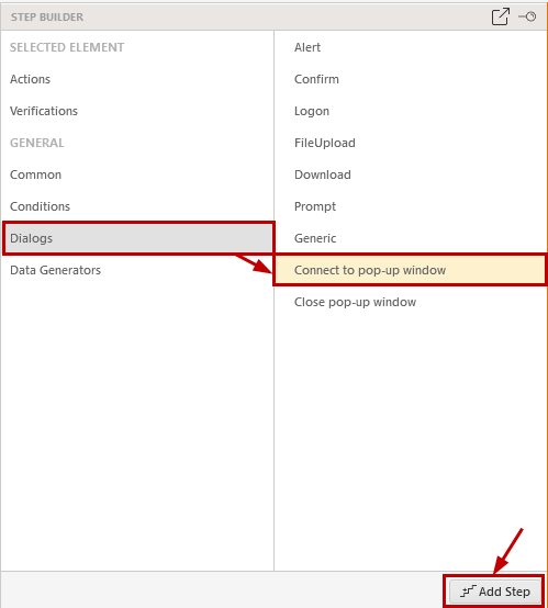 Step Builder Connect/Close popup steps