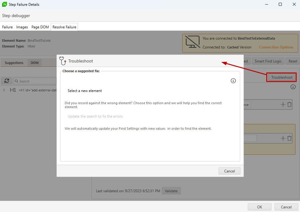 Resolve Failure tab missing element troubleshoot