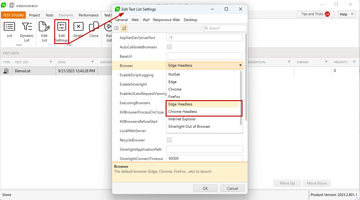 Test Lists in Headless browser Mode