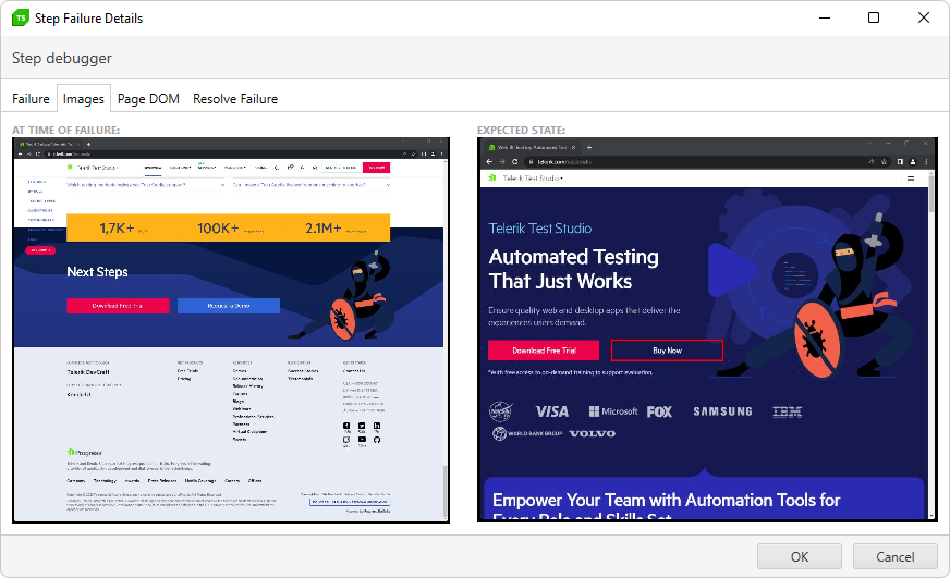 images tab in step failure details