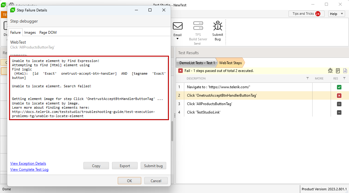 Image based search failure in step failure details