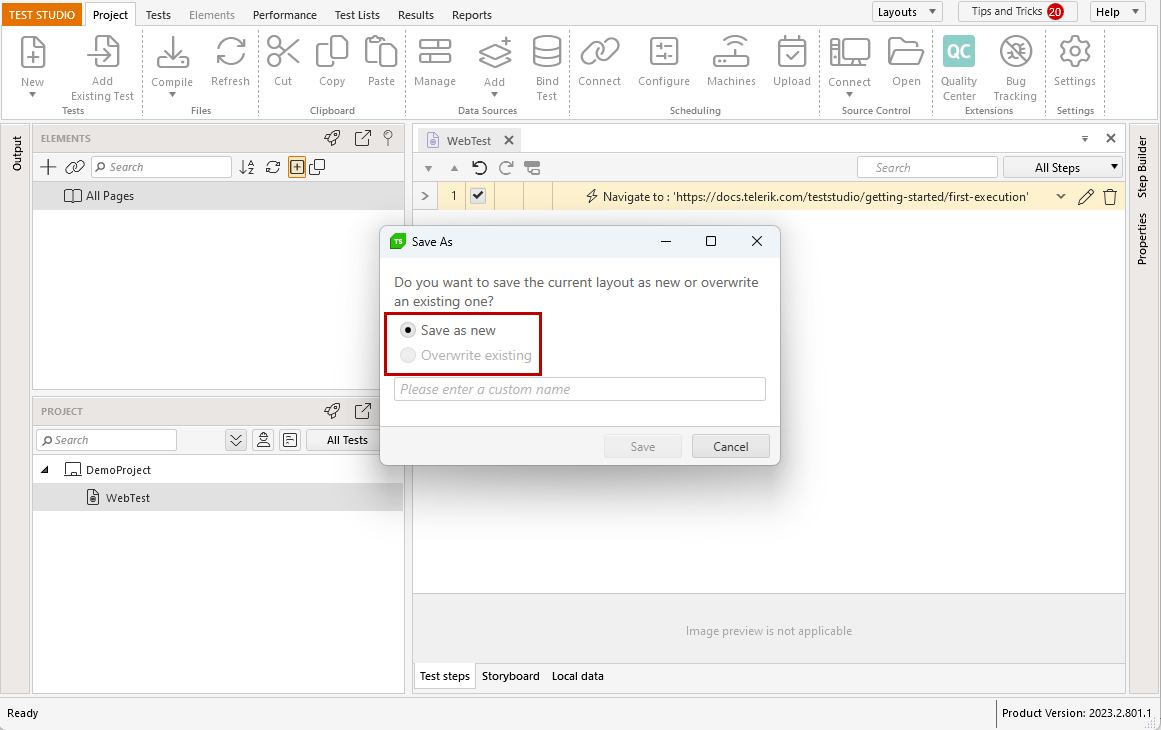 Save current into new user defined layout
