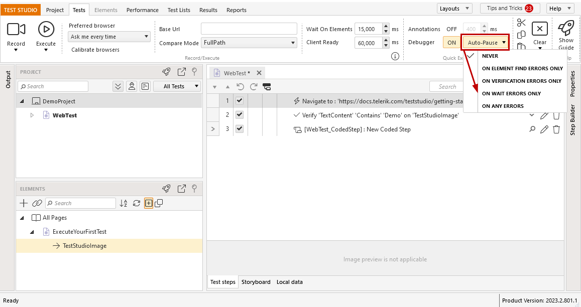 Visual Debugger auto-pause options