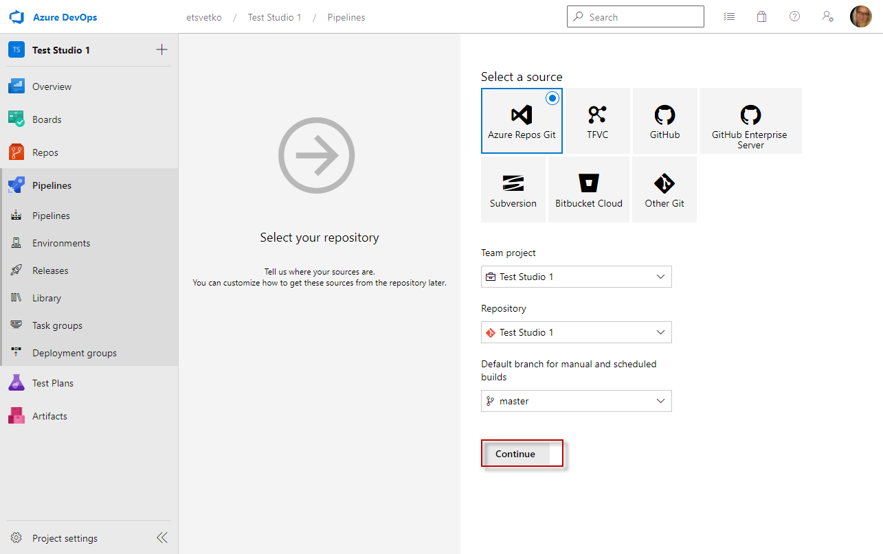 Choose Test Studio project repository