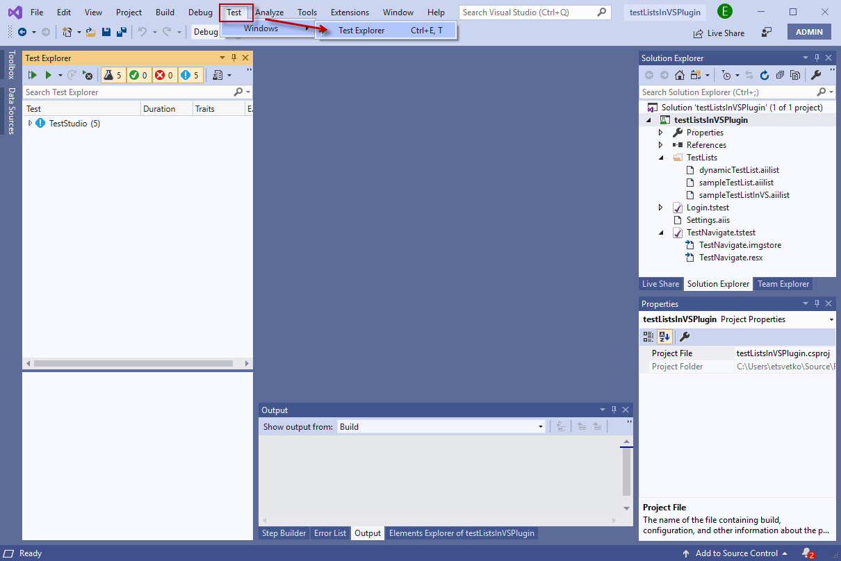 Test menu to open Test Explorer