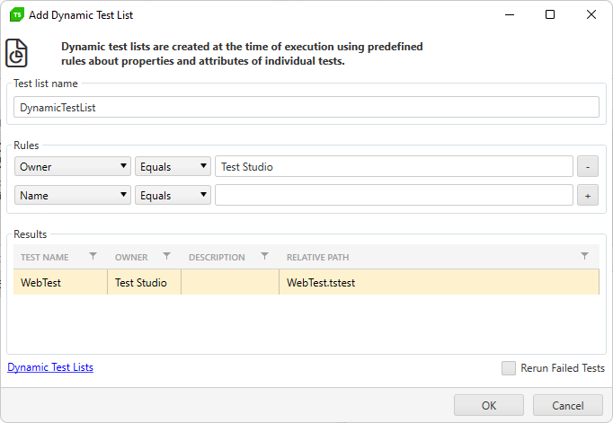 Define Rules which tests to be included in the dynamic list