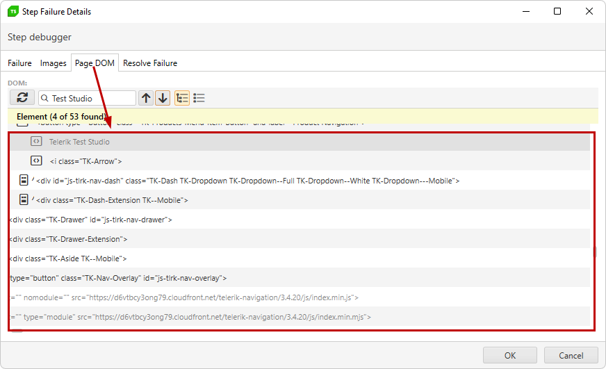 DOM Tree tab in step failure details