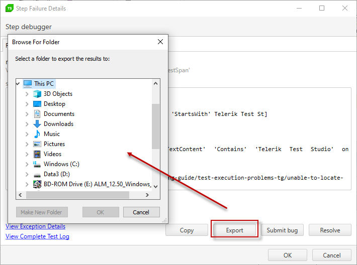 Export the step failure details