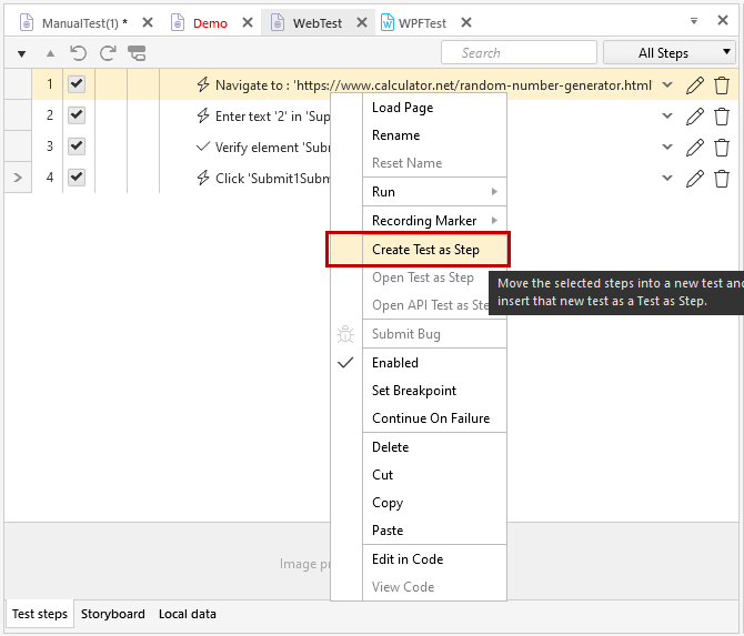 Select steps to create test as step
