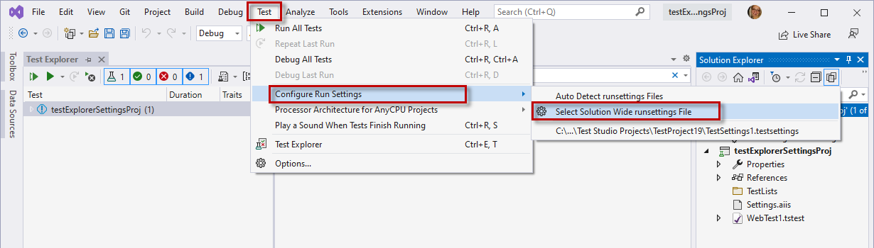 Set run settings for Test Explorer 2019 and 2022