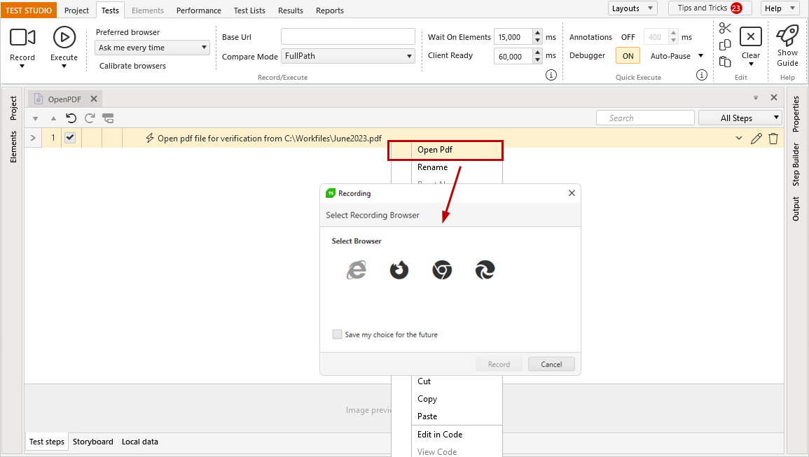 Open pdf from step context menu in test from step builder