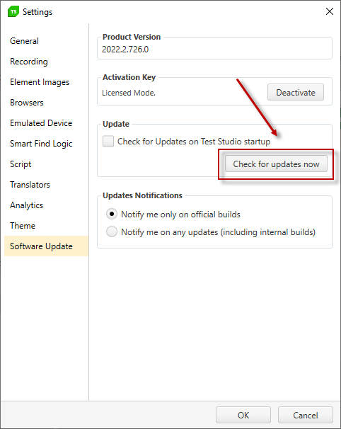 Check for updates settings